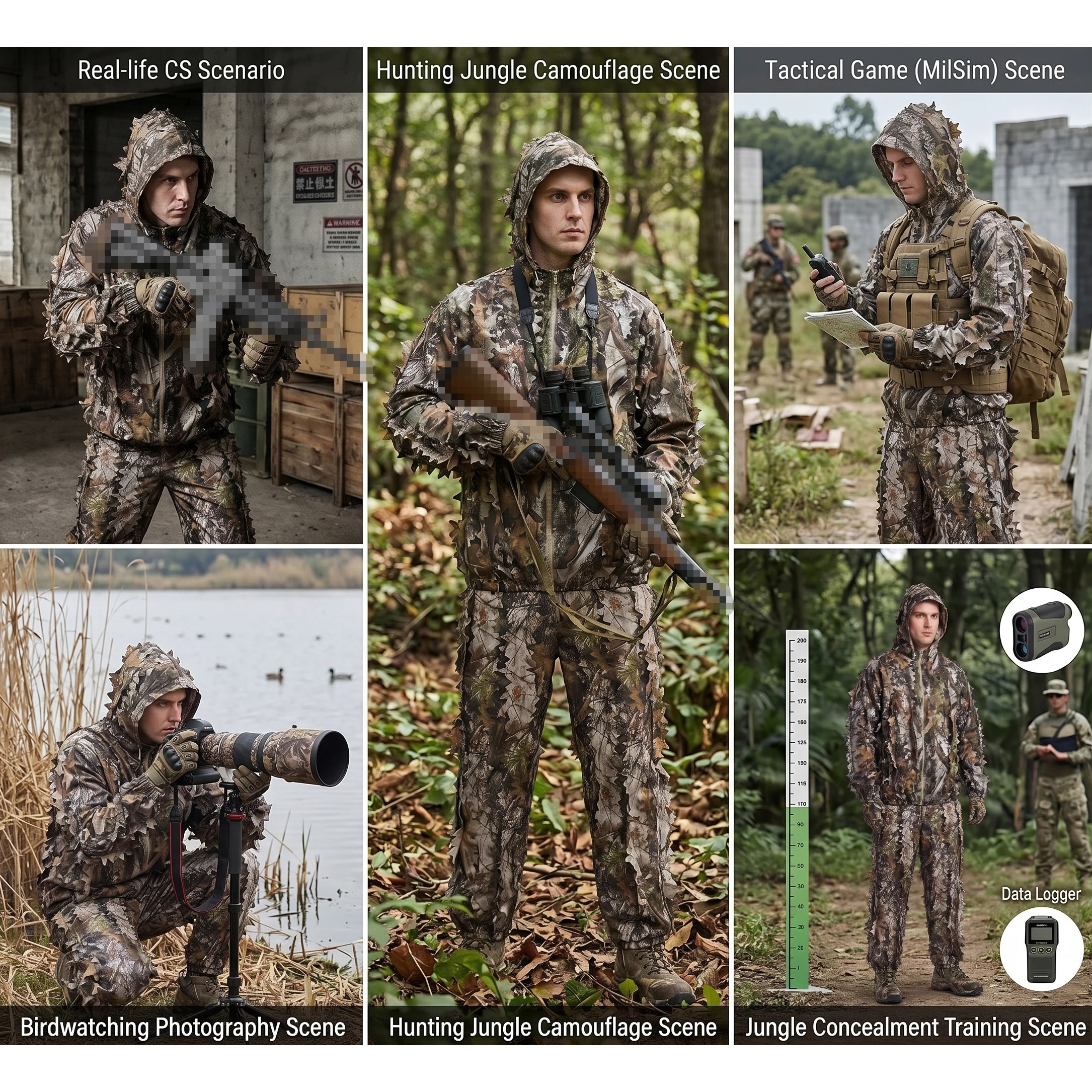 Lightweight 3D Real Tree Leaf Ghillie Suit Full Body Camouflage Hooded Zip Jacket Cuffed Trousers Matching Gloves Hunting Set