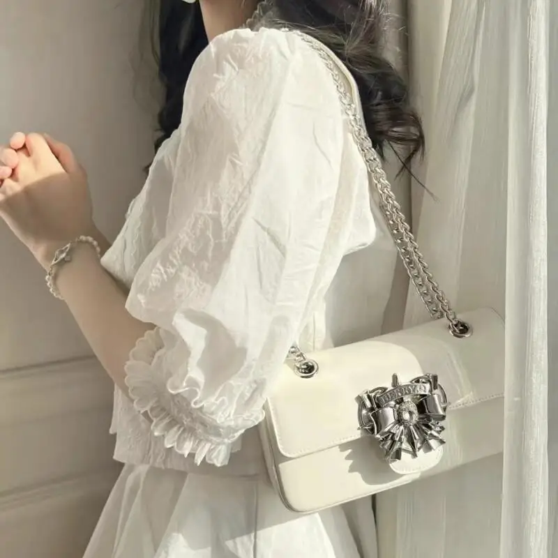 2024 Trendy Ladies Bow Knot Shoulder Bags White PU Leather Underarm Bag Stylish Flap Chain Crossbody Bags Fashion Simple Handbag