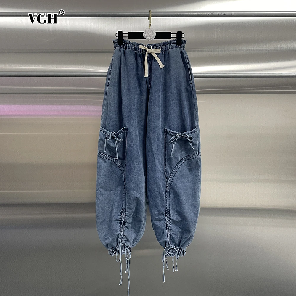 VGH Casual bowknots design Women Denim Trousers High Waist Patchwork Drawstring streetwear jeans Female Autumn Clothes New Style