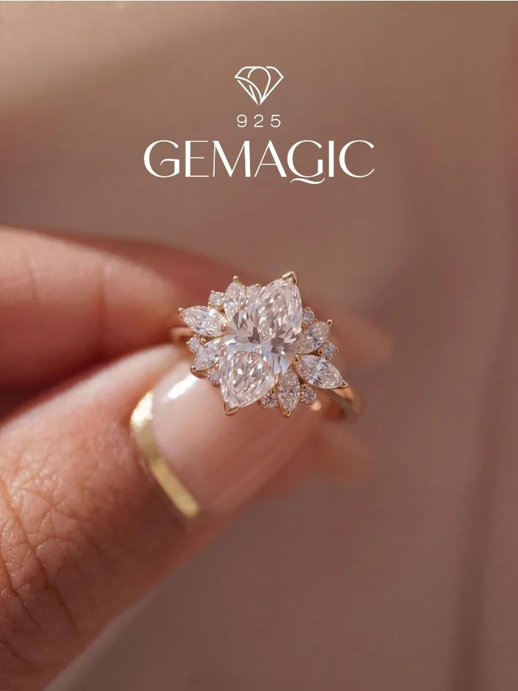 925 Sterling Silver Luxury Fashion Golden Marquise Zircon Ring For Women Engagement Wedding Simple High Quality Fine Jewelry