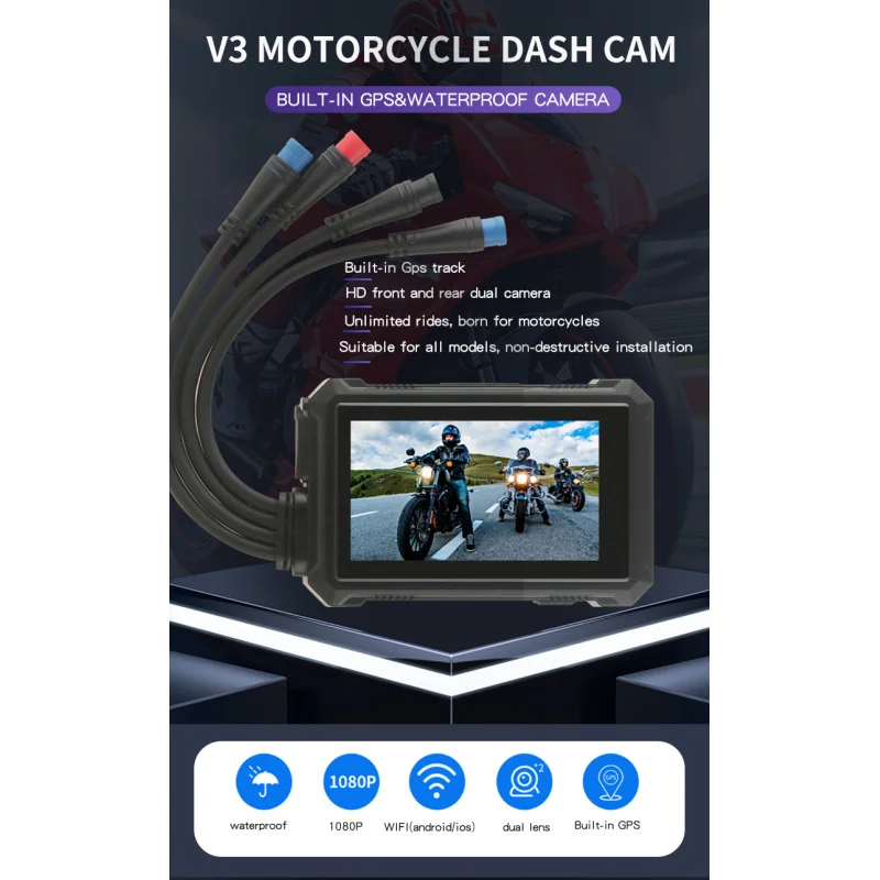 

Водонепроницаемая мотоциклетная видеокамера M4 с двумя камерами AHD1080P, Wi-Fi, GPS, циклической записью, ночным видением и функцией автомобильного видеорегистратора (черный ящик)