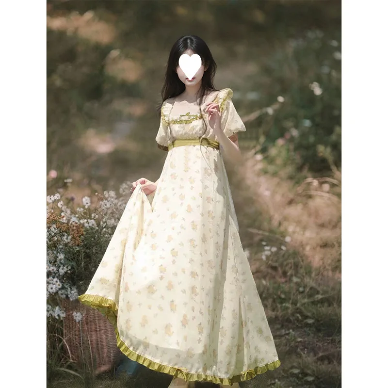 

Новинка 2023 года, платье с цветочным принтом в стиле Лолиты в стиле ретро, женское элегантное зеленое длинное платье принцессы с квадратным воротником и оборками по краям, высокой талией