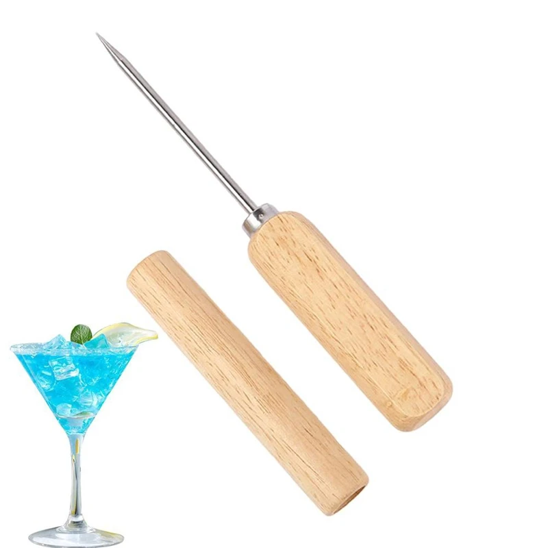 MAKE-2Pcs اختيار الجليد مع غطاء الأمان - يختار الثلج من الفولاذ المقاوم للصدأ لكسر الجليد الخشب مقبض أداة تشكيل الجليد للنادل