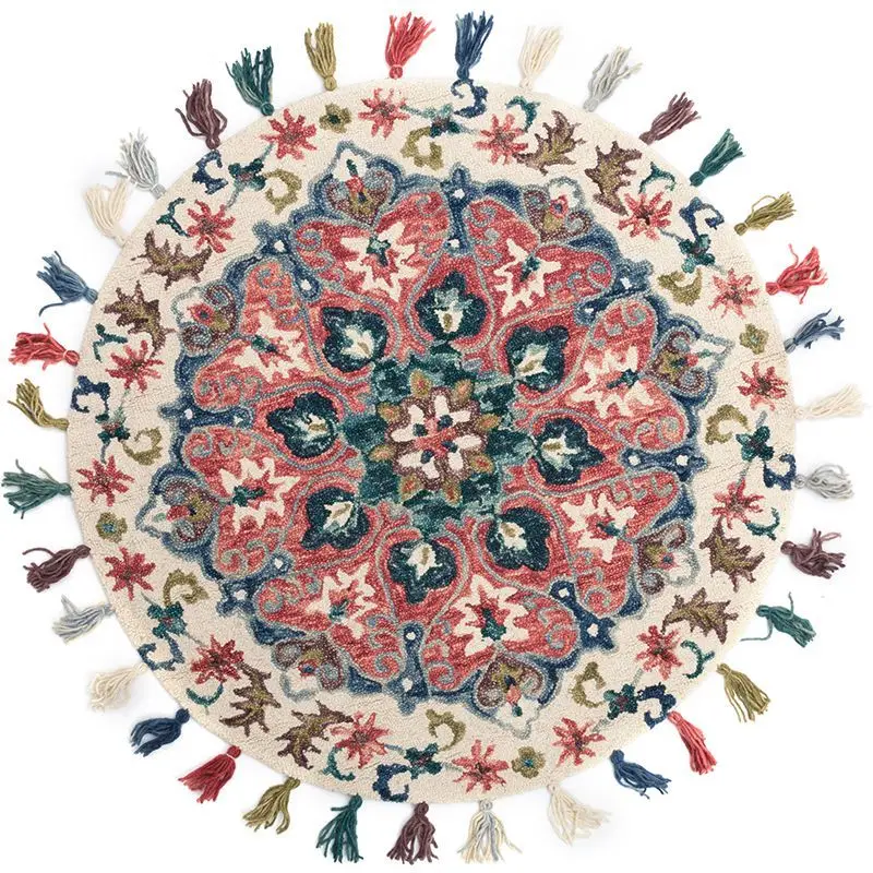 

Nordic style ins pure wool carpet ethnic style handwoven blanket fringed lace children's room round