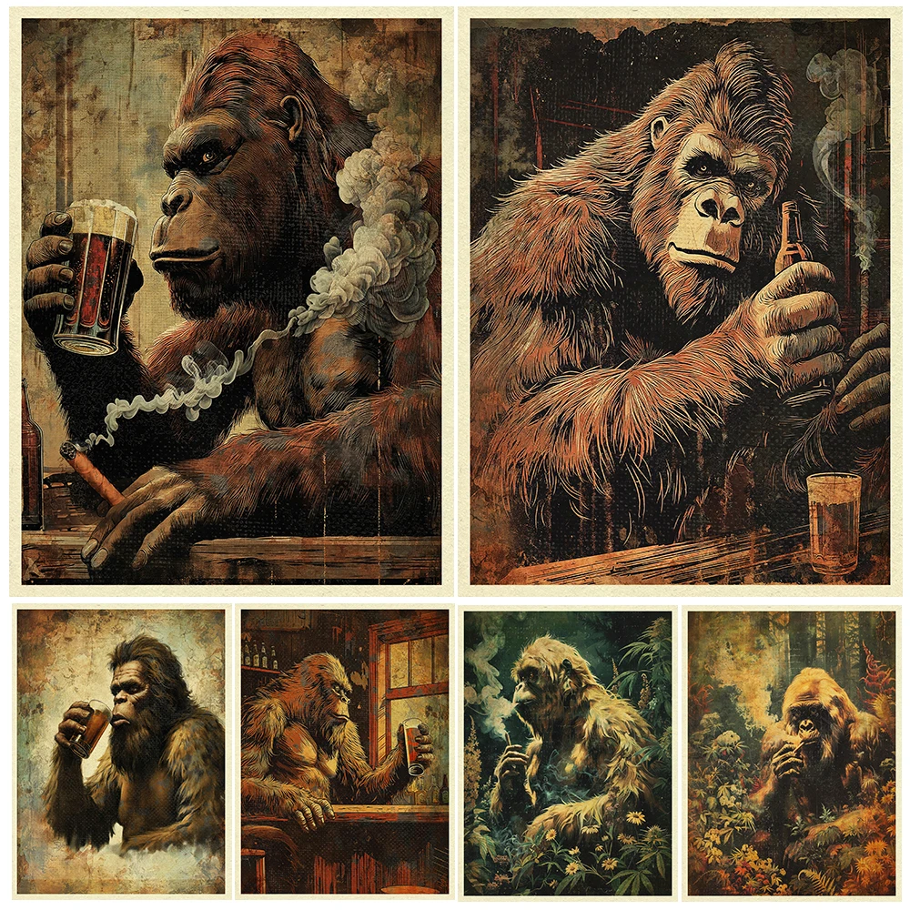 

Cryptid Yeti And Bigfoot Funny Wall Art Canvas Painting,Hairy Human-Like Mythical Creature,Vintage Art Poster Print Home Decor