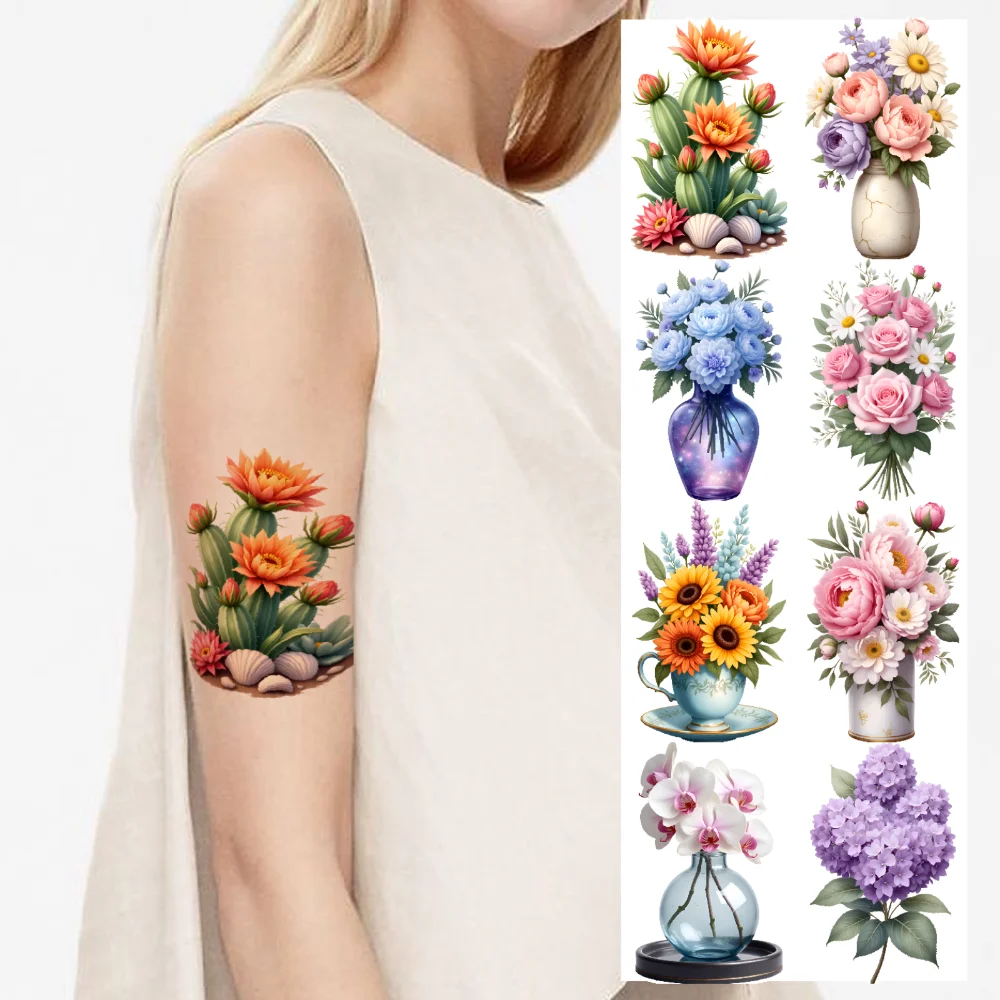 9pcs Temporary Tattoo Floral Arrangements Temporary Tattoo Stickers Vintage Flowers Waterproof Long-lasting Body Stickers For