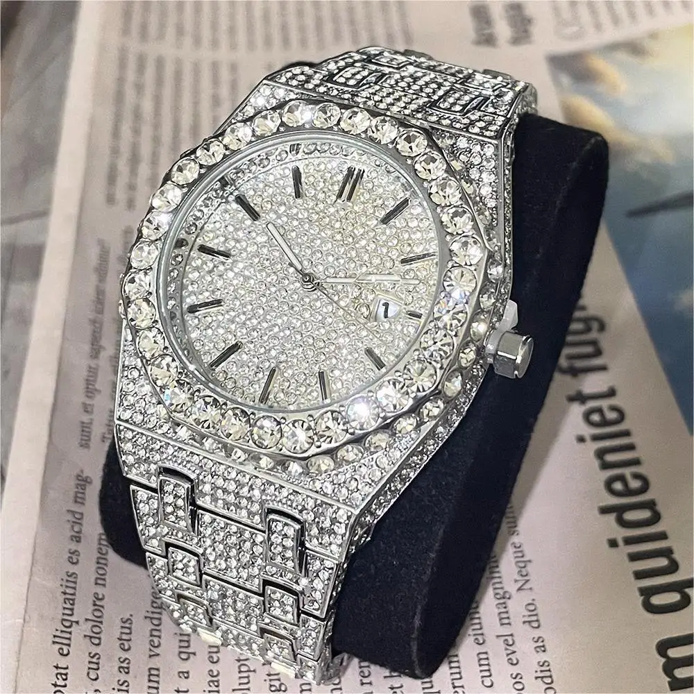 Luxury Fashion Iced Watch Men Automatic Date Stainless Steel Quartz Clock Hip Hop Full Diamond Bling Jewelry Wristwatch Man 2023