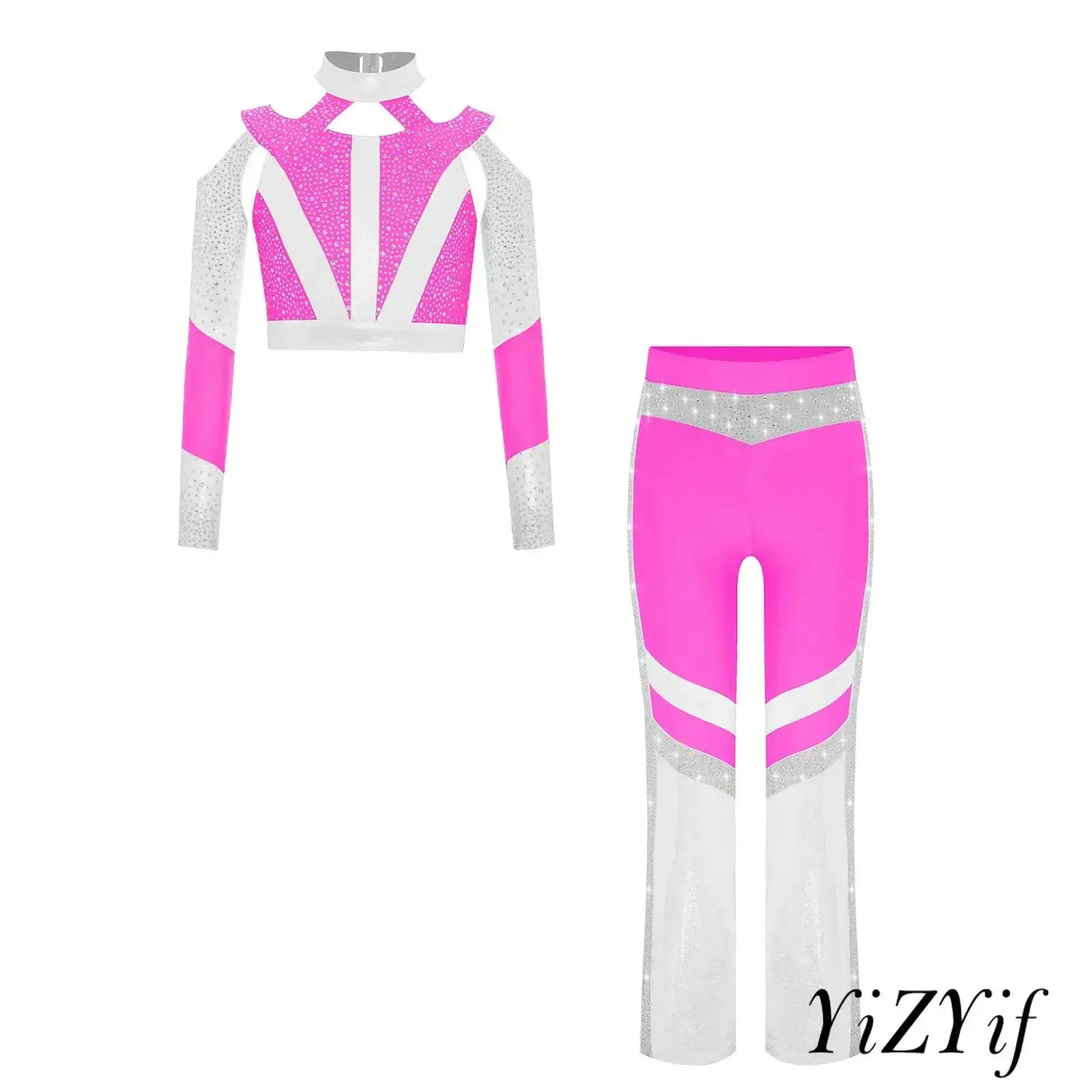 

Children Girls Gymnastics Performance Wear Outfits Cutout Top with Elastic Waist Dance Pants for Figure Skating Competitions