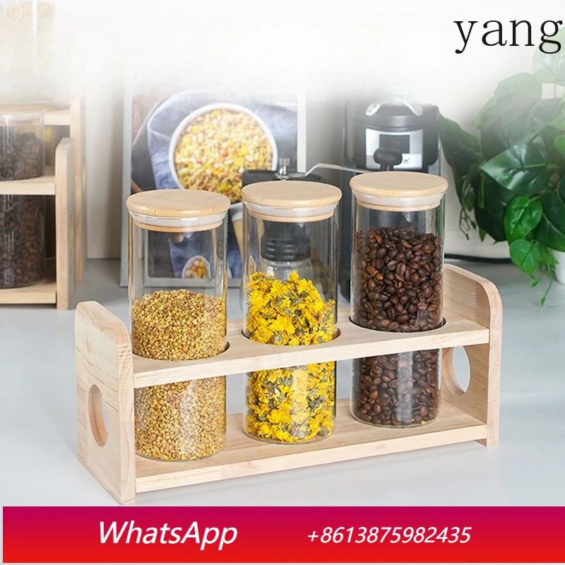 

LMM tea coffee bean display rack, wood wrought iron sealed can storage rack set, glass storage