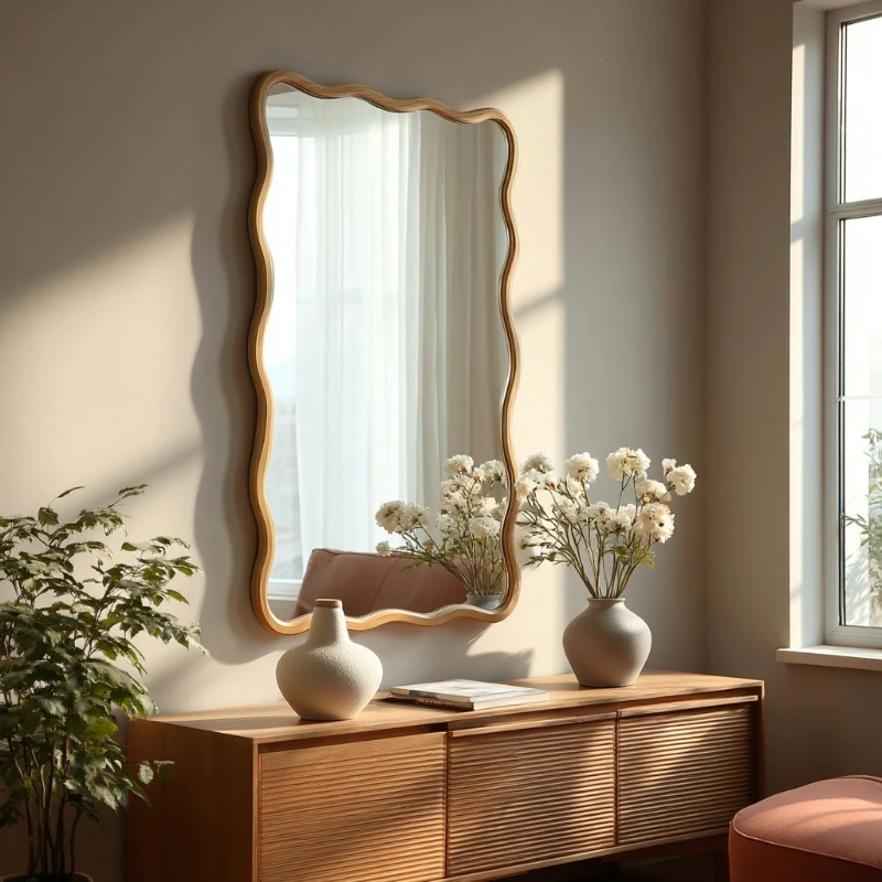 Solid wood bedroom retro wavy full-length mirror medium antique special-shaped full-body vanity mirror