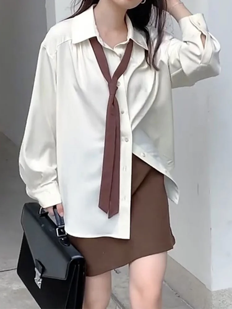 2023 Spring Minimalist Long Sleeve Button Up Shirt Women Korean Style Solid Tie Shirts Blouse Loose Clothes Tops