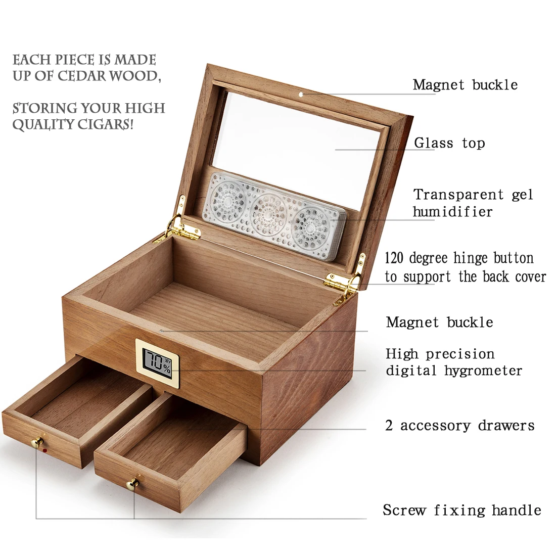 XIFEI Cigar Humidor With Hygrometer Humidifier 2 Drawers Cedar Wood Portable Humidor Box Cigar Case Fit 25-50 Cigars Cabinet