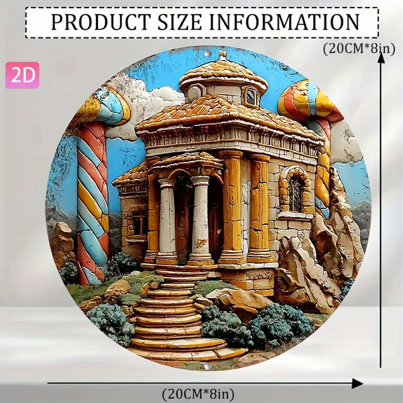 2D Flat High Definition Metal Wall Art Whimsical Candyland House with Mushroom Columns Metal Sign Round Wall Plaque Fantasy Land