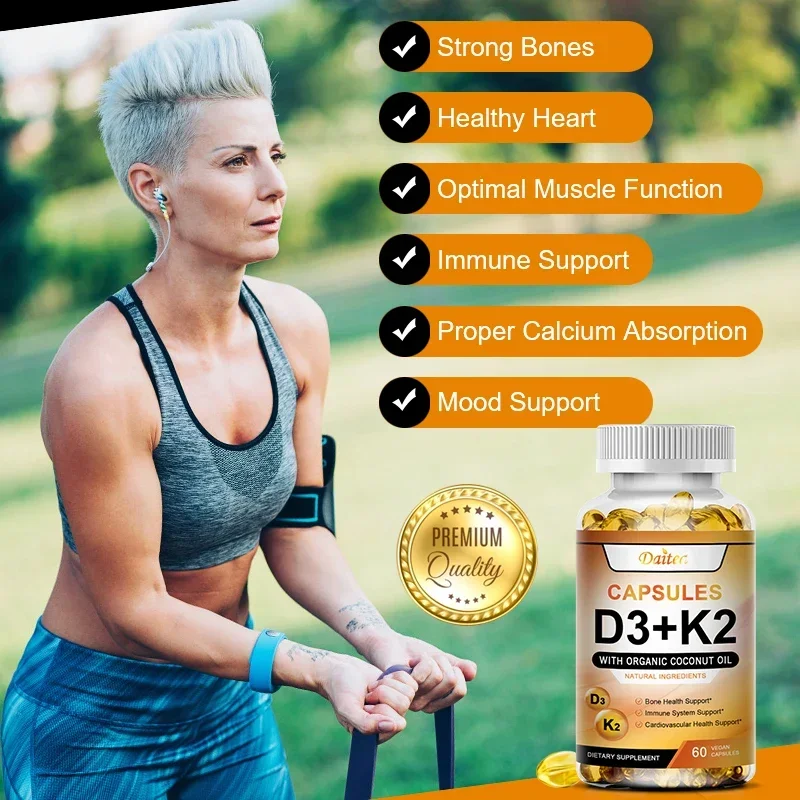 2-in-1 Vitamin D3K2 Capsules 5000iu Vitamin D3 200mcg K2 for Teeth Bones Heart Health Joint Health Immunity Organic Coconut Oil