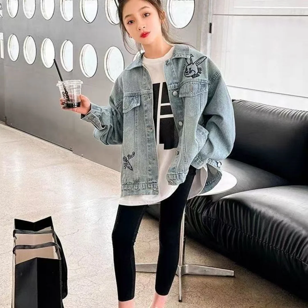 Girls Denim Jacket Spring and Autumn New Style Teenage Children's Fashionable Jacket Girls' Casual Loose Coat 5-14Years