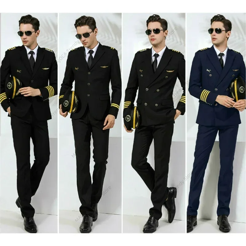 

Pilot Uniform Air Captain Jacket Pants Hat Avion Airline Men Top Trousers Security Guard Manager Costume Fight Attendent Suit