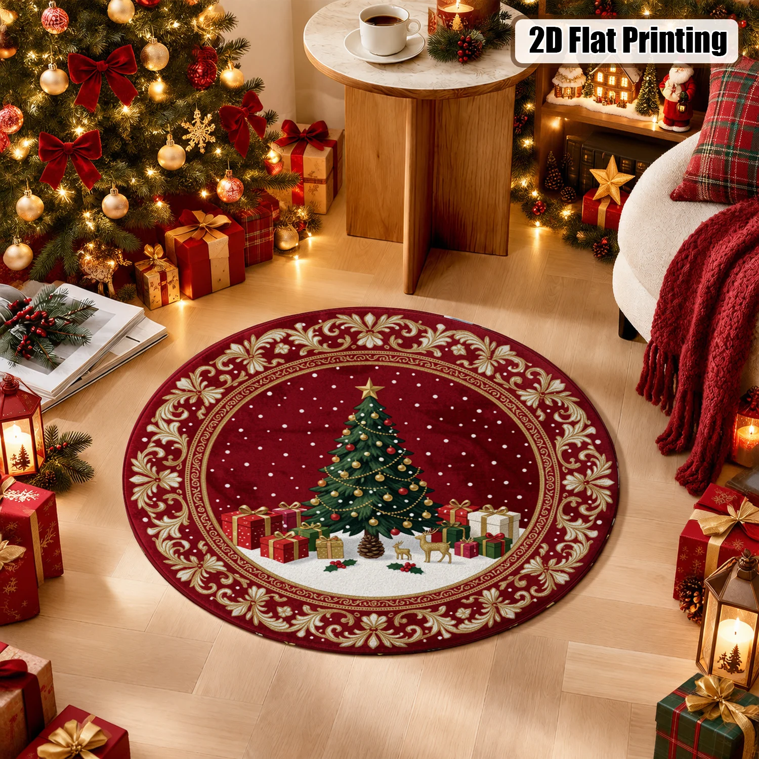 Christmas Tree Gift Box Pattern Round Velvet Rug Machine Washable for Living Room Bedroom Dining Area Halloween Thanksgiving Black Friday Cyber Monday Christmas New Year