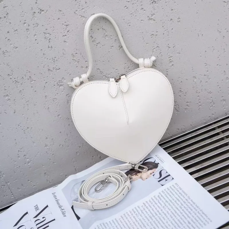 Korean Chic Light Luxury Cowhide Heart-shaped Bags Fow Women Versatile Portable One Shoulder Crossbody Pouch Y2k Handbags