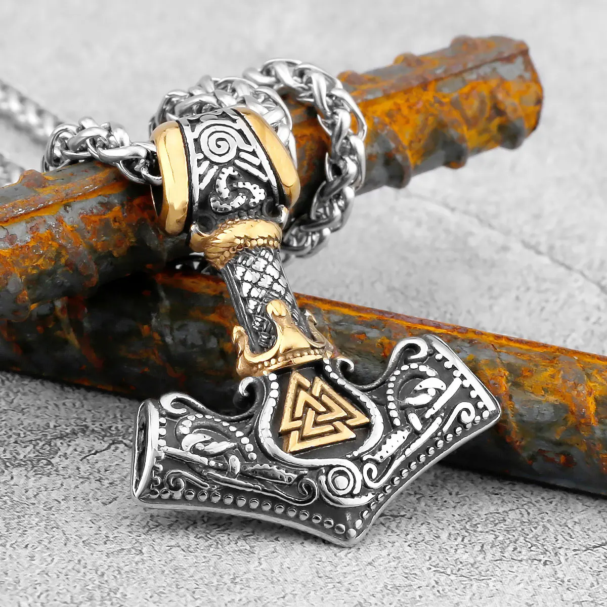 Men's Stainless Steel Thor's Hammer Viking Necklace Triangle Rune Keel Charm Fashion Pendant Necklace Amulet Jewelry Gift