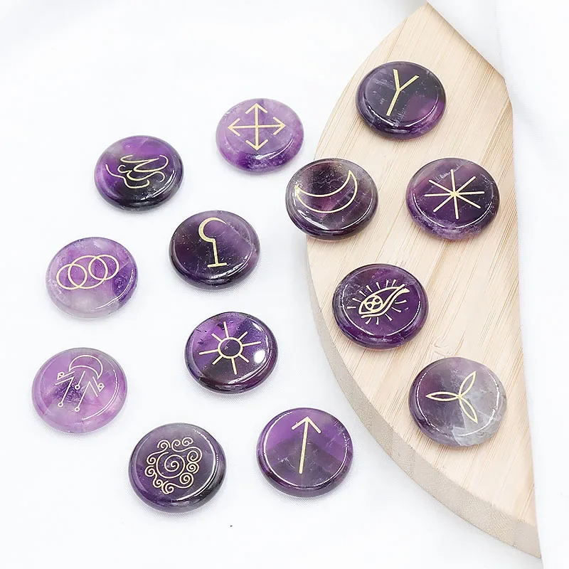 13 Pieces Round Natural Chakra Semi-precious Stone Quartz Amethyst Tiger Eye Stone Crystal Reiki Healing Witches Runes Set