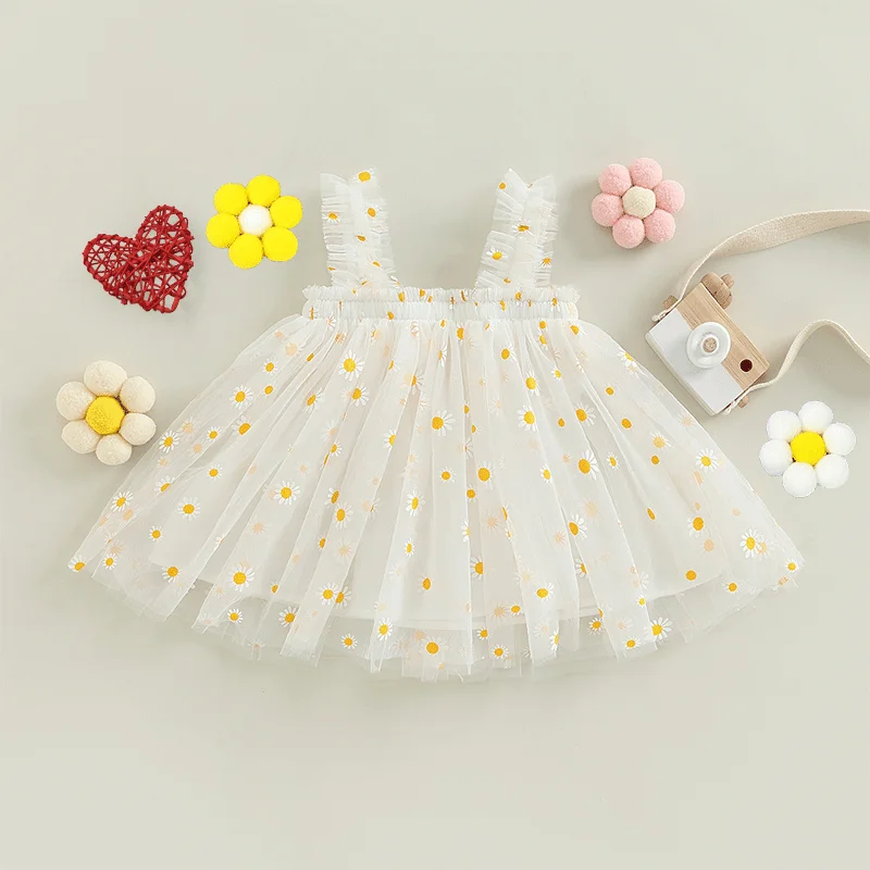 Summer Baby Girls Tulle Dress Daisy Floral Kid Birthday Party Dress Sleeveless Sling Toddler Girl Casual Clothing Princess Dress