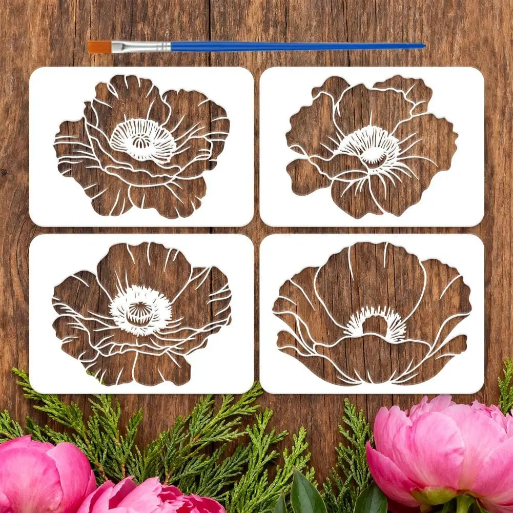 4PCS Corn Rose Flower Stencils,Reusable Wildflower Plant Decoration Stencil for Wall Wood Fabric Home Decor DIY Project