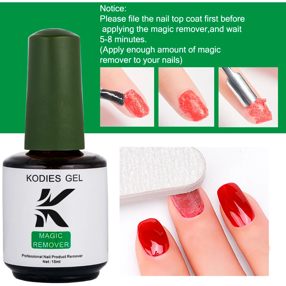 Kodies gel 15ml removedor mágico prego gel polonês removedor rápido explosão semi permanente verniz desengraxador limpo embeber fora ferramentas de manicure