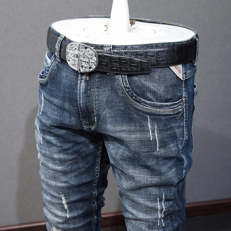 Italian Style Fashion Men Jeans High Quality Retro Black Blue Elastic Slim Ripped Jeans Men Vintage Designer Denim Pants Hombre