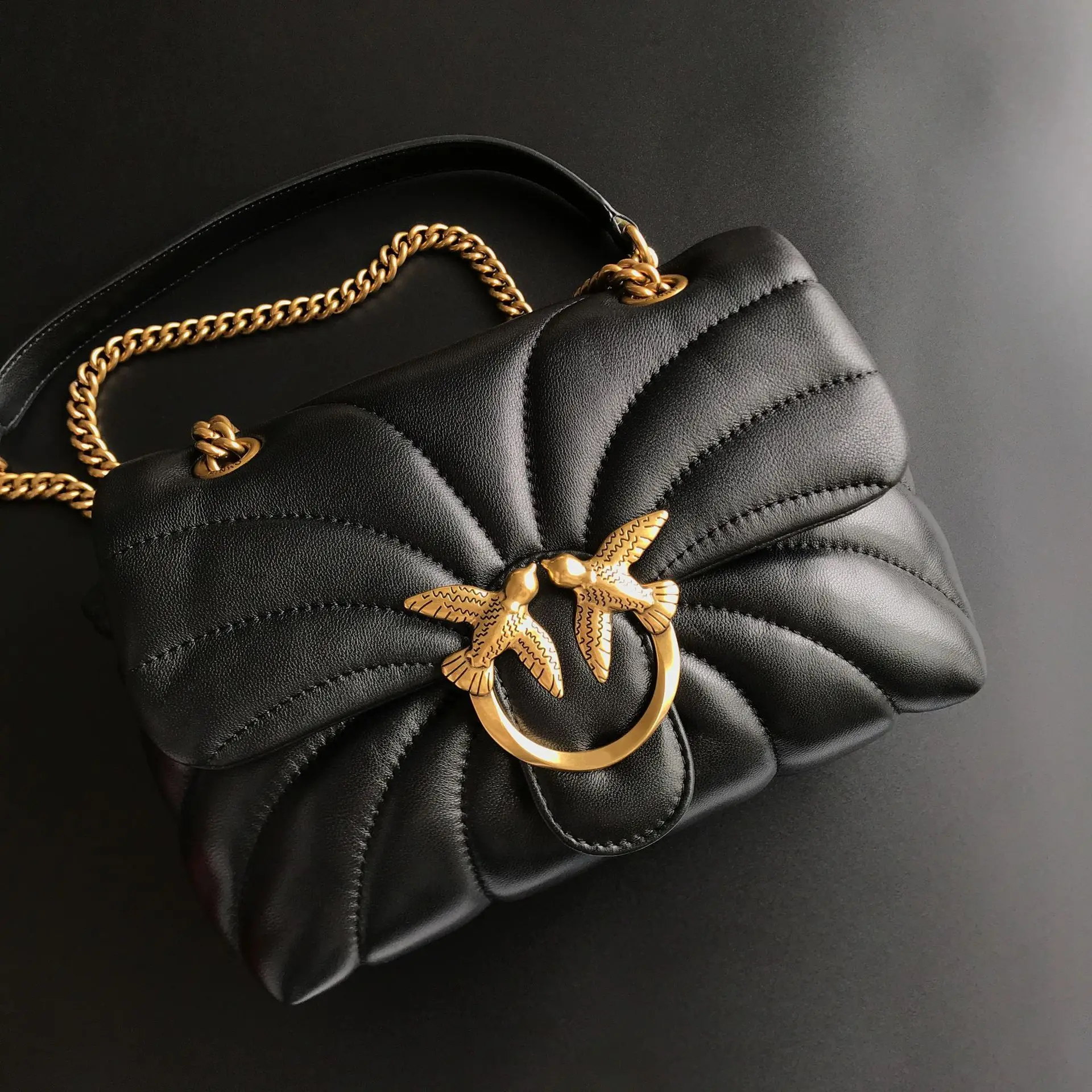 New Arrival Pinko Same Style Genuine Leather Puff Swallow Bag Chain Cross-Body Flying Bird Double Flying Swallow Women's Bag image 2