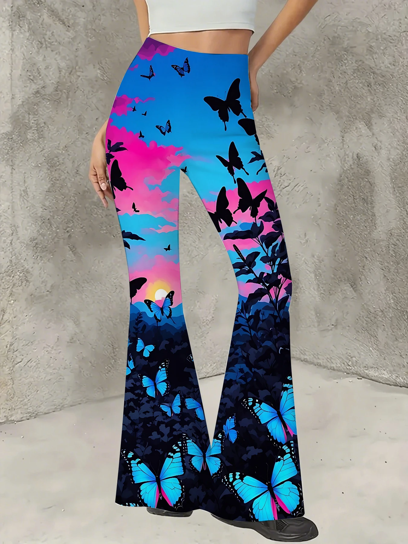 

Korean Style Printed Flare Pants Women High Waist Slim Fit Bell Bottom Leggings