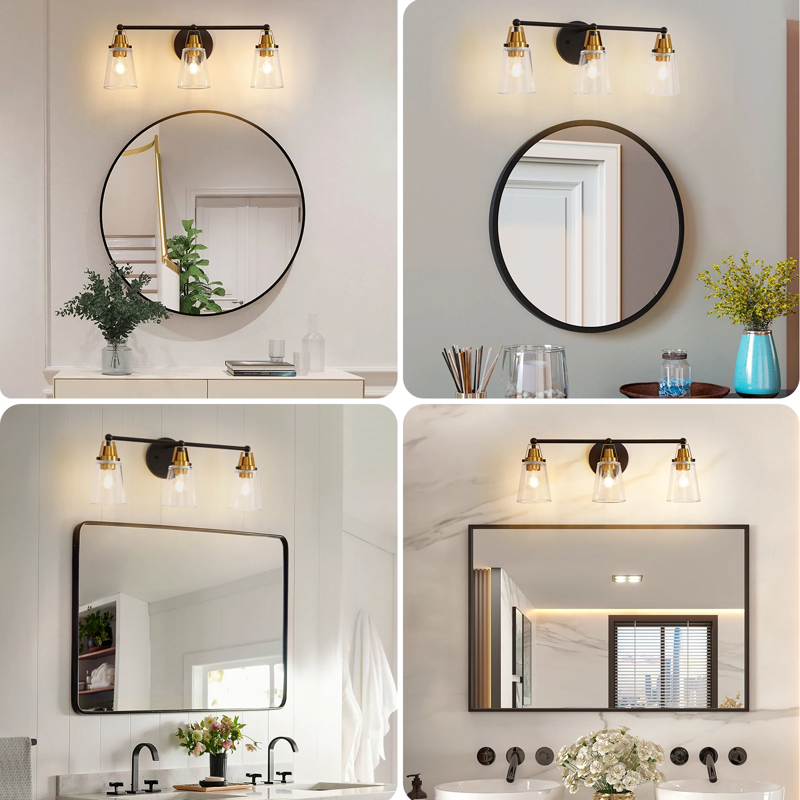 Lampada da bagno moderna a 3 luci nera + bronzo con paralume in vetro trasparente, applique da parete E26 sopra lo specchio per soggiorno camera da letto