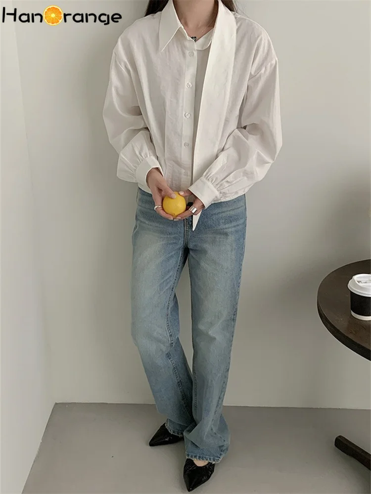 HanOrange 2025 Unique Scarf Collar Irregular Shirt Women Long Sleeve Spring Summer Temperament Top White/Blue/Black