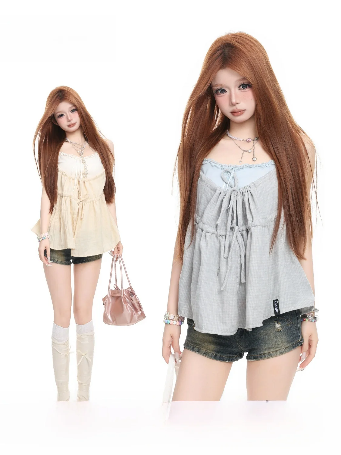 

BASTERDS Korean Holiday Style Women's Summer Vest Cardigan Set Drawstring Plaid Strapless Two-Piece Suit Casual Date Wear