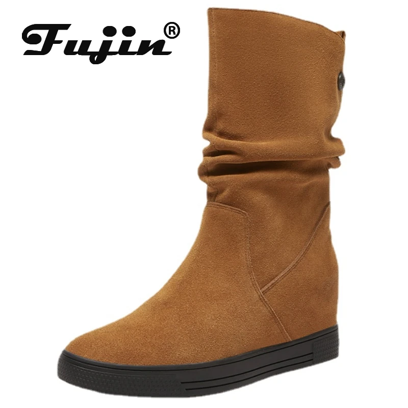 

Fujin 7cm New Cow Suede Genuine Leather Cushioned Women Warm Durable Ankle Boots Autumn Platform Wedge Winter Plush Spring Shoes