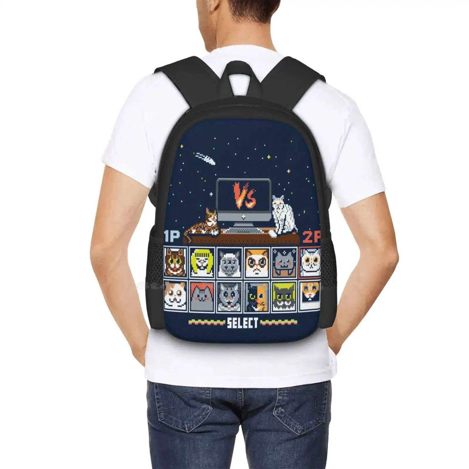 Internet Cat Fight School Bags zaino per Laptop da viaggio gatti Internet Meme Pixel Fighting Game videogioco Vector tipografia