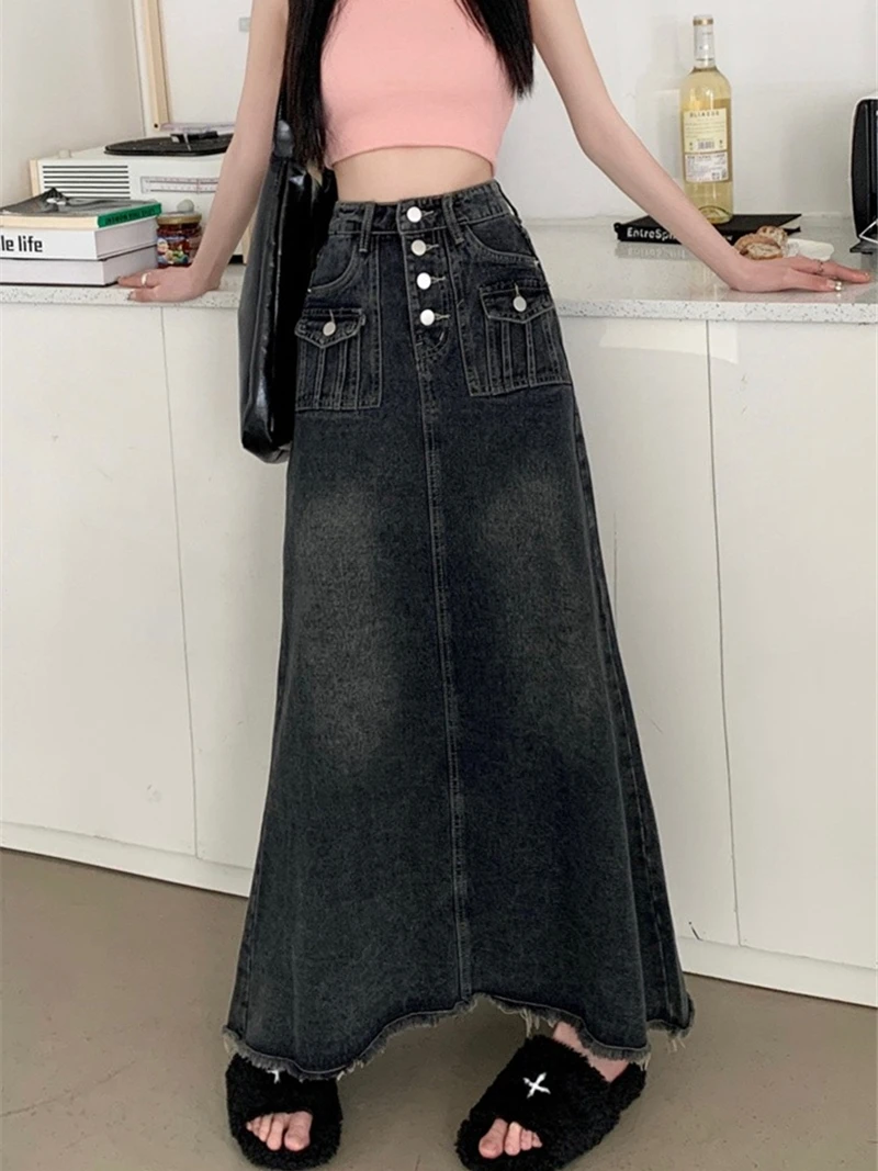 Jupe en jean boutonnée taille haute pour femmes printemps été nouveau Sle grande taille jupe parapluie longue trapèze tendance coton polyester...