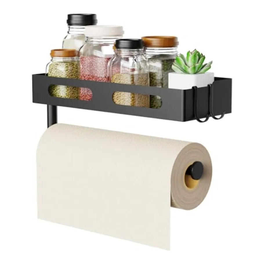 

Paper Towel Holder Wall Mount for Kitchen Paper Towel Holder with Shelf for Bathroom RV Paper Towel Rack with 2 Hooks Matte Bla