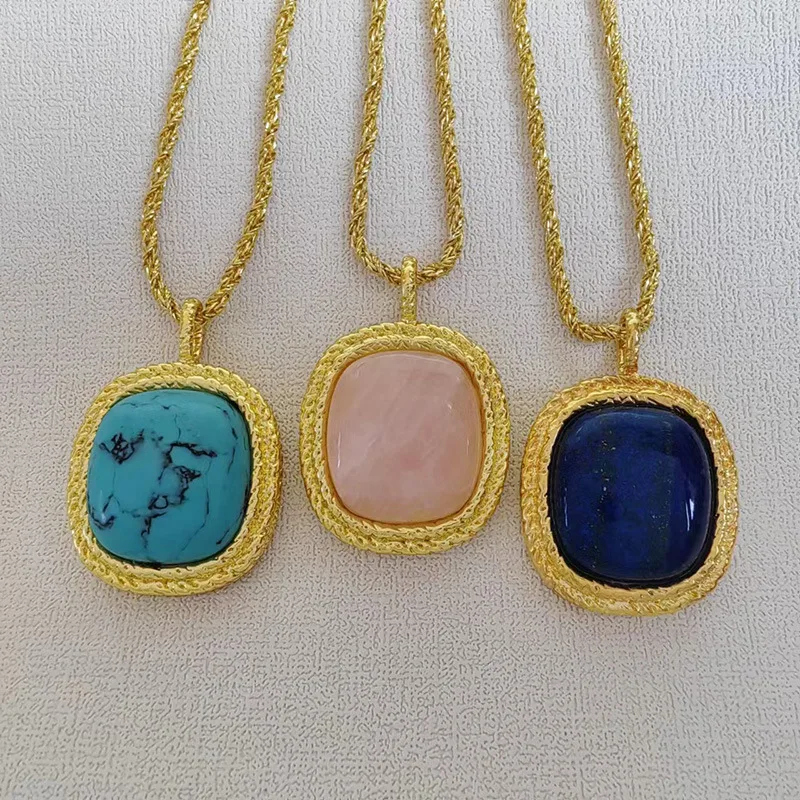 

Квадратное ретро-колье с бирюзой и розовым кварцем, простое винтажное длинное ожерелье-цепочка для свитера, геометрический модный стиль для женщин