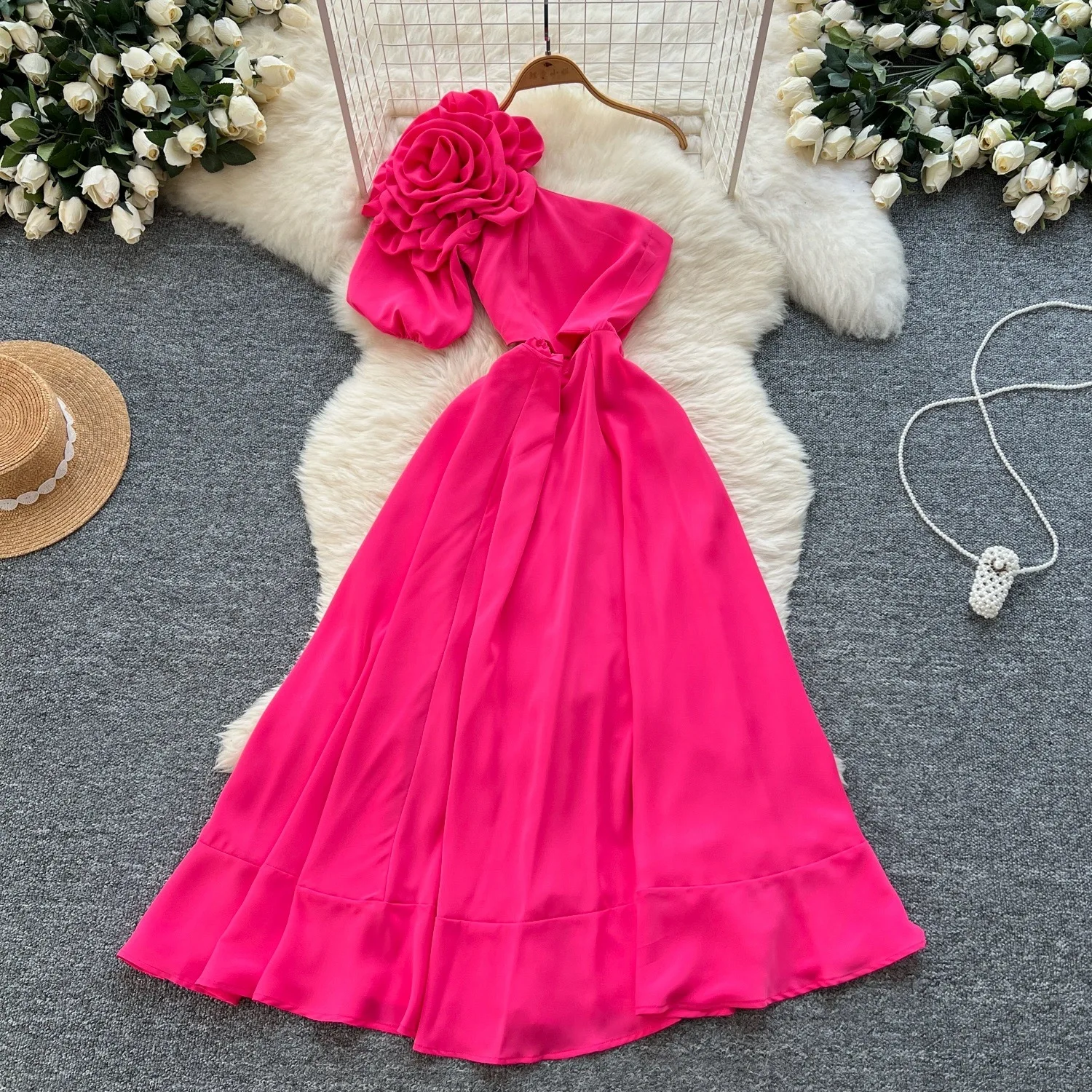 

Niche Satin Long Dresses Sexy Skew Collar Off Shoulder Irregular Causal Long Dress for Women