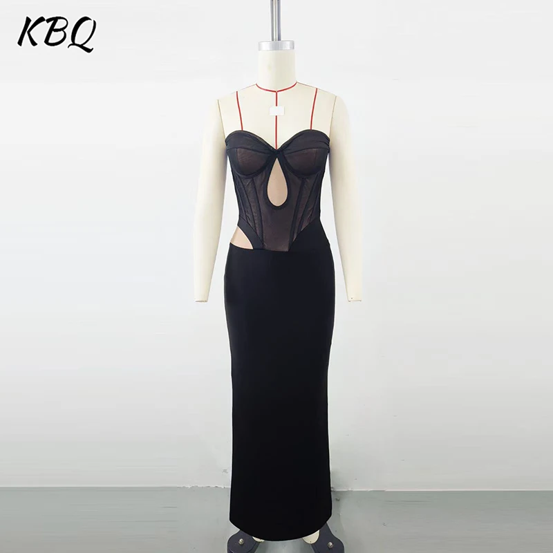 

KBQ Elegant Solid Sexy Slimming Hollow Out Dresses for Women Strapless High Waist Temperament Chic Dress Female Fashion Style
