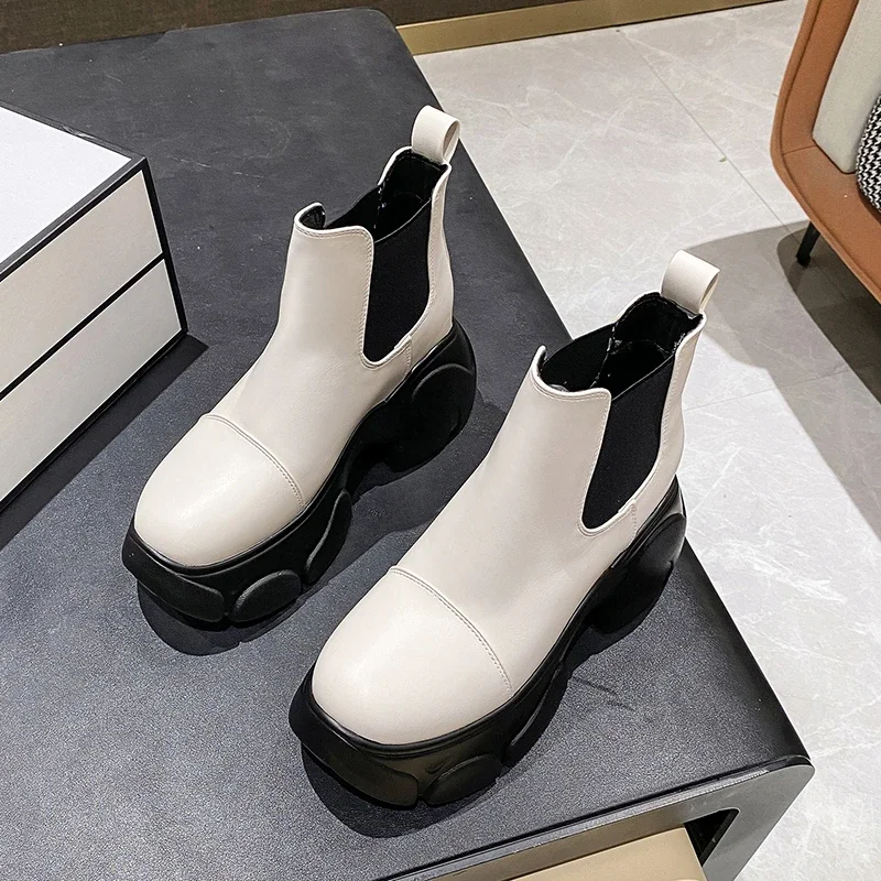 Platform Interior Height Increasing Short Boots Women Elastic Band Modern Shoes Comfor Sponge Sole Retro Chimney Botas