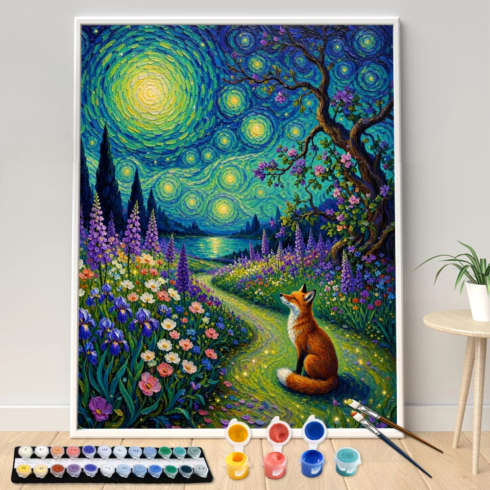 Digital Acrylic Painting Kit DIY Starry Sky Fox Flower Meadow Art Canvas Hand Painted Home Decor Personalized Surprise Gift