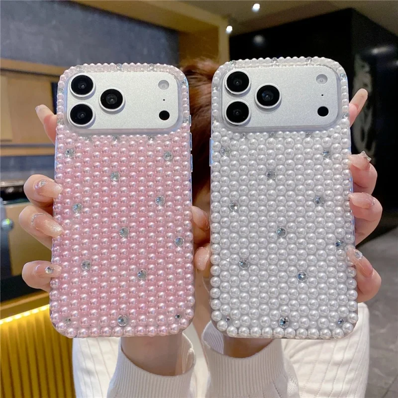 

Luxury 3D Advanced Stereoscopic Pearl Phone Case for iPhone 16 15 14 13 12 11 Pro Max diamond Round Bead Sparkling Cover﻿