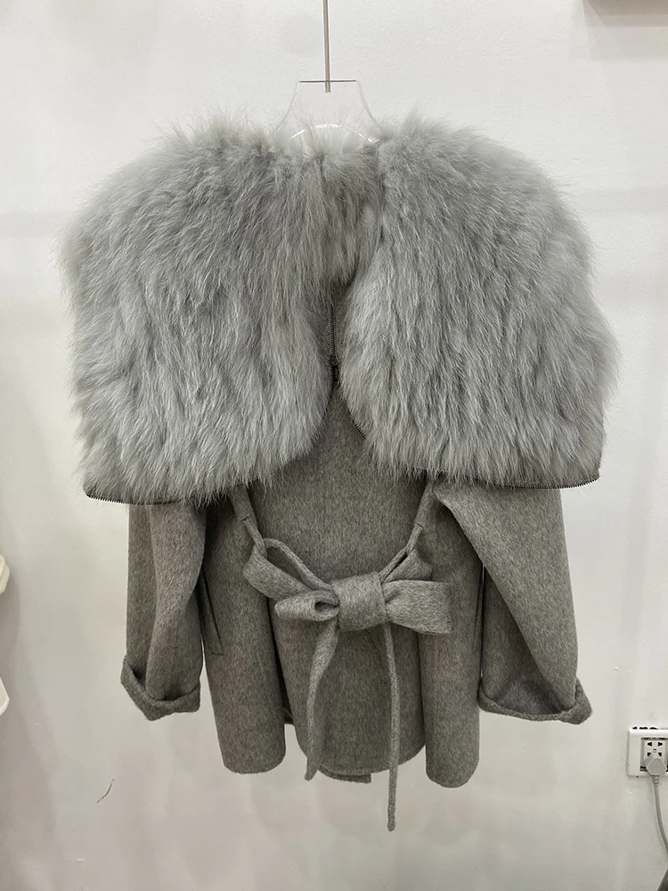 2024 Women Winter Natural Real Fox Fur Collar Warm Woolen Ladies Outerwear Female Woolen Coat