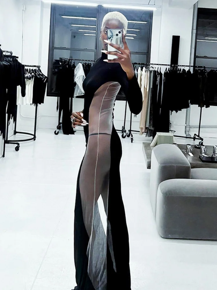 See Through Black Long Bodycon Dress For Women Clothing Slim Sexy Streetwear Mesh Patchwork Vestidos De Mujer Autumn Pullover