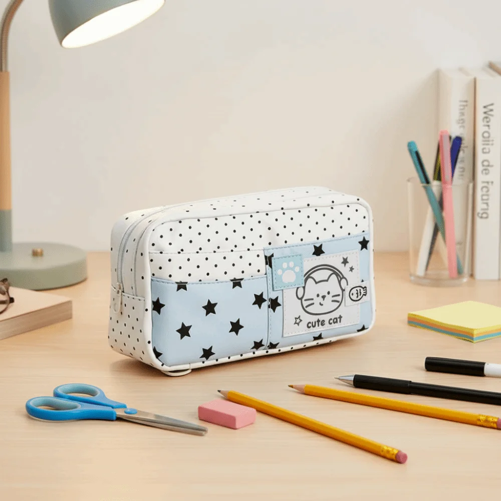 New Cat Pattern Pencil Case Blue Polka Dot Multi-Layer Pen Bag Cute 9 Layers Stationery Bag For Girls