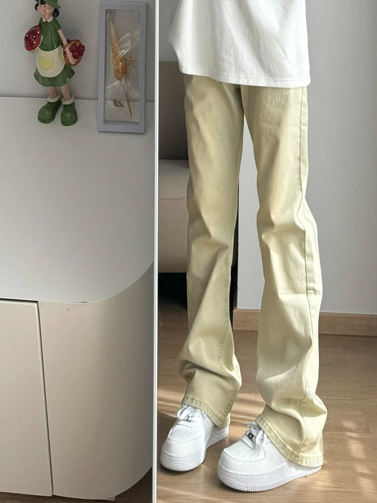 

Cleanfit Men's Slim Straight Jeans Waed Denim mid Waist Long Trousers American High Street Vibe Flared Pants Youth Faion