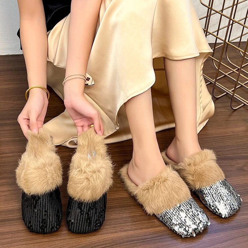 

Тапочки с блестками, новые зимние тапочки с квадратным носком и неглубоким носком, мягкая подошва, нескользящая износостойкая обувь на низком каблуке