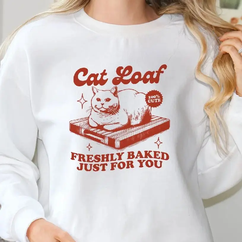 

Retro Vintage Sweatshirt Graphic Hoodies Y2K Tops Casual Daily Wear Unisex Versatile Stylish Pullover Freshly Baked Cat Loaf