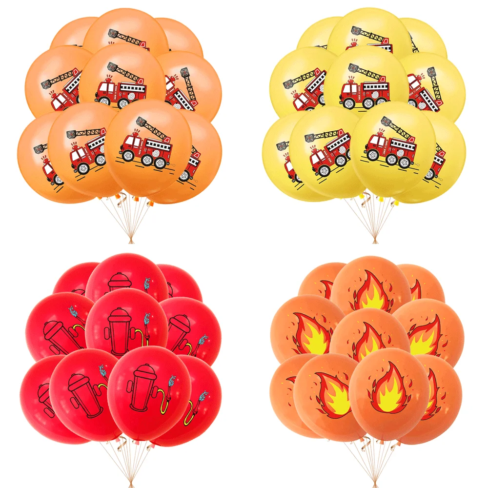 10/20/30pcs Firefighter Birthday Balloons Flame Firetruck Hydrant Printed Latex Balloon Boys Fireman Party Supplies Baby Shower